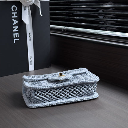 CHANEL 26S SMALL CLASSIC FLAP BAG 21 IN LIGHT BLUE OPEN-WEAVE CROCHET GOLD HARDWARE