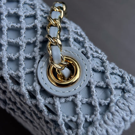 CHANEL 26S SMALL CLASSIC FLAP BAG 21 IN LIGHT BLUE OPEN-WEAVE CROCHET GOLD HARDWARE