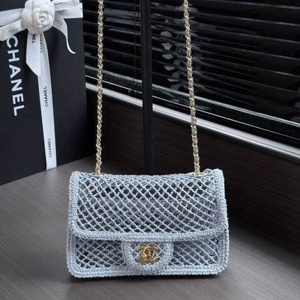 CHANEL 26S SMALL CLASSIC FLAP BAG 21 IN LIGHT BLUE OPEN-WEAVE CROCHET GOLD HARDWARE