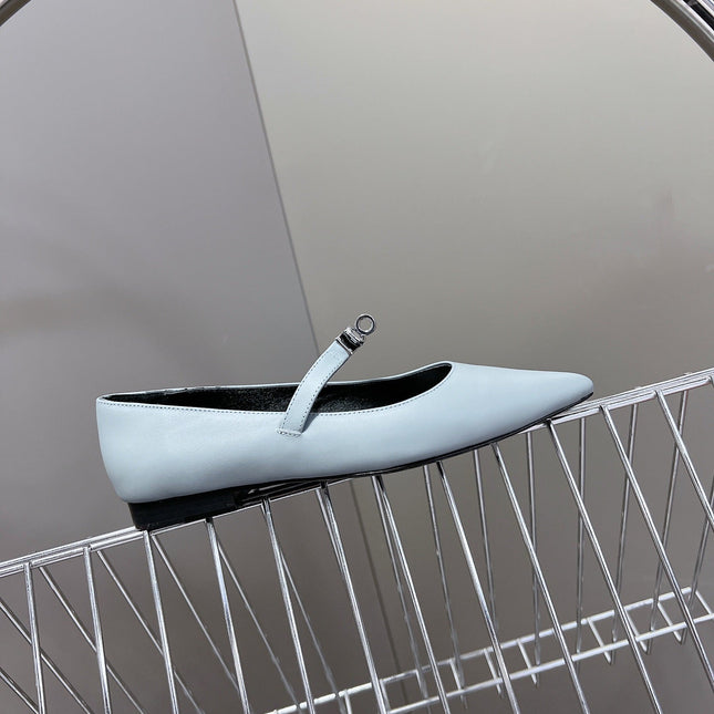 HM 26S KELLY BUCKLE MARY JANE POINTED FLATS IN LIGHT BLUE CALFSKIN