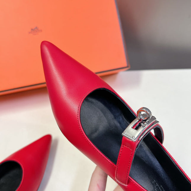 HM 26S MARY JANE POINTED TOE HEELS 40MM IN RED CALFSKIN KELLY BUCKLE