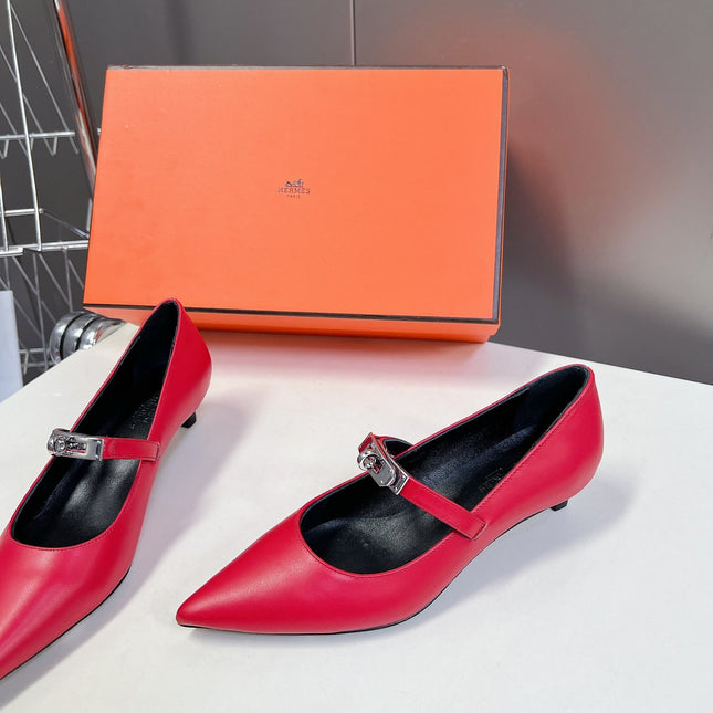 HM 26S MARY JANE POINTED TOE HEELS 40MM IN RED CALFSKIN KELLY BUCKLE