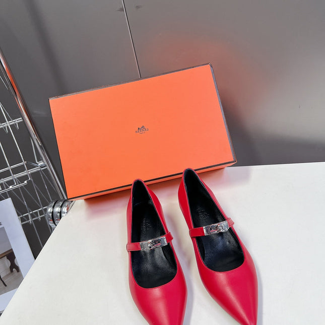 HM 26S MARY JANE POINTED TOE HEELS 40MM IN RED CALFSKIN KELLY BUCKLE