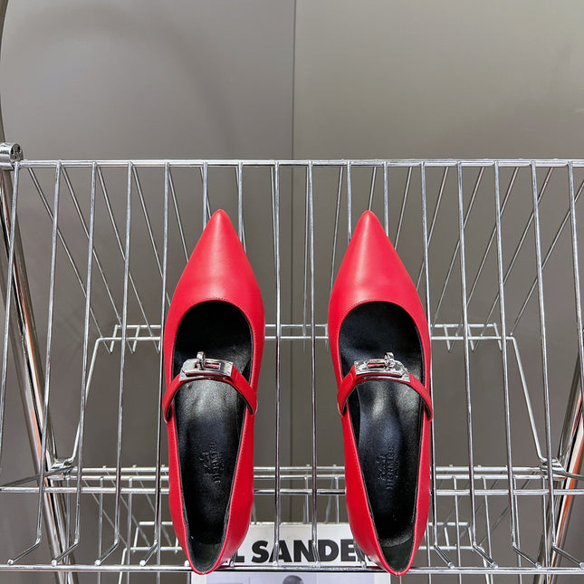 HM 26S MARY JANE POINTED TOE HEELS 40MM IN RED CALFSKIN KELLY BUCKLE