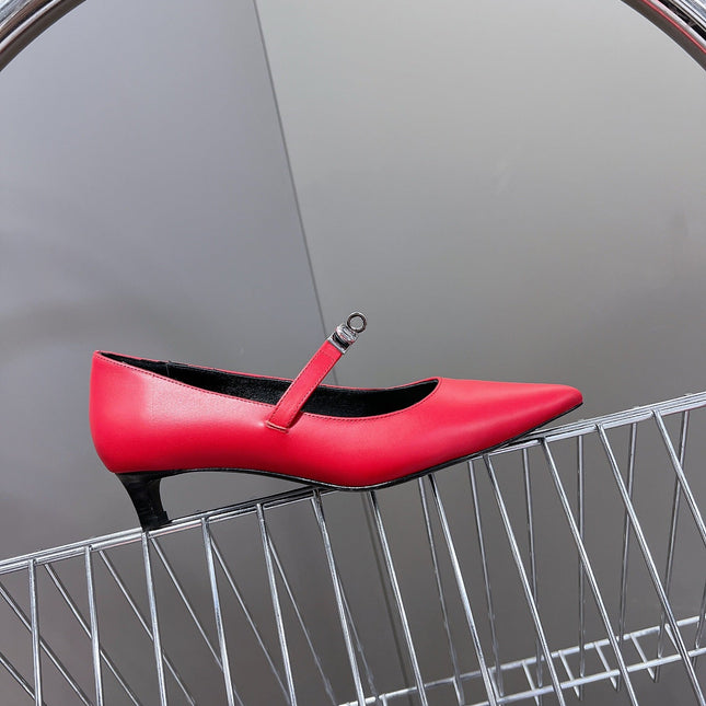 HM 26S MARY JANE POINTED TOE HEELS 40MM IN RED CALFSKIN KELLY BUCKLE