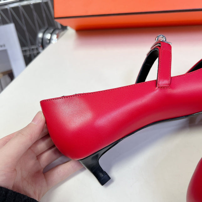 HM 26S MARY JANE POINTED TOE HEELS 40MM IN RED CALFSKIN KELLY BUCKLE