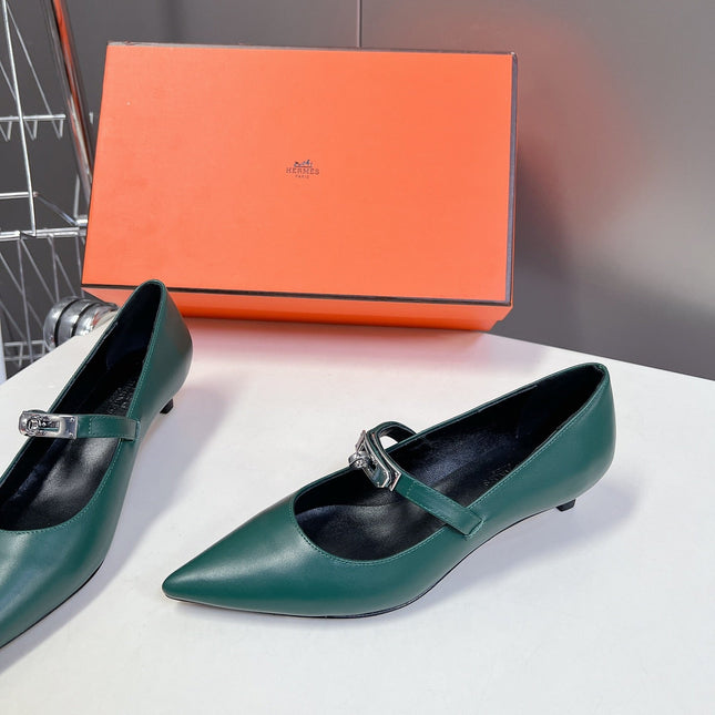HM 26S MARY JANE POINTED TOE HEELS 40MM IN EMERALD GREEN CALFSKIN KELLY BUCKLE