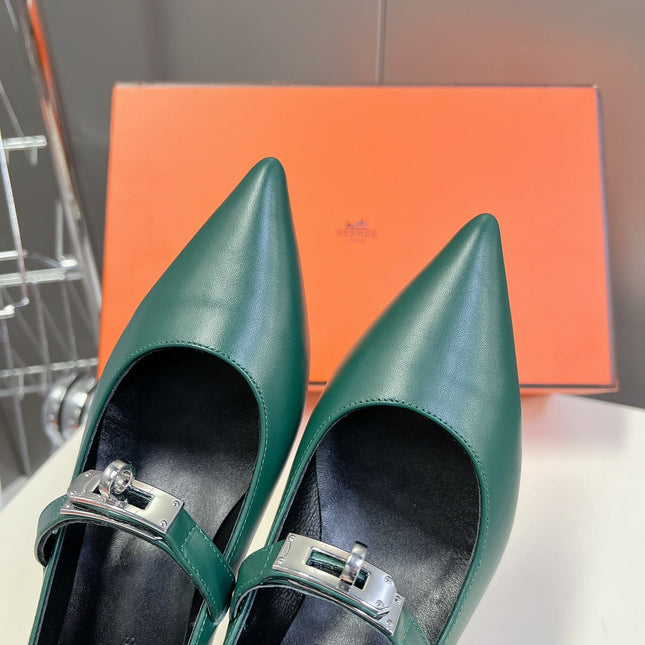 HM 26S MARY JANE POINTED TOE HEELS 40MM IN EMERALD GREEN CALFSKIN KELLY BUCKLE