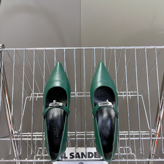 HM 26S MARY JANE POINTED TOE HEELS 40MM IN EMERALD GREEN CALFSKIN KELLY BUCKLE