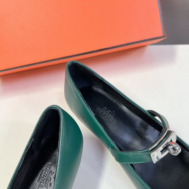 HM 26S MARY JANE POINTED TOE HEELS 40MM IN EMERALD GREEN CALFSKIN KELLY BUCKLE