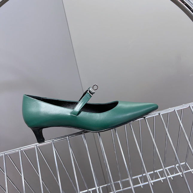 HM 26S MARY JANE POINTED TOE HEELS 40MM IN EMERALD GREEN CALFSKIN KELLY BUCKLE