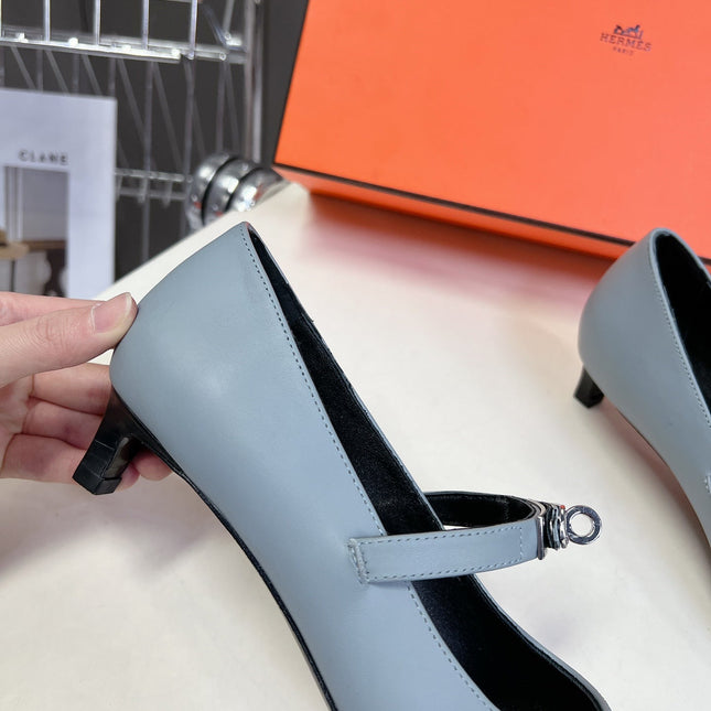 HM 26S MARY JANE POINTED TOE HEELS 40MM IN LIGHT BLUE CALFSKIN KELLY BUCKLE