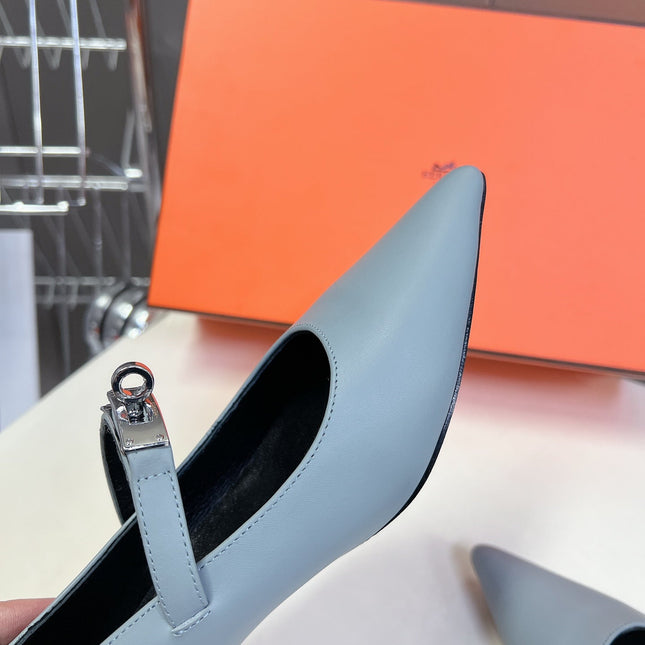 HM 26S MARY JANE POINTED TOE HEELS 40MM IN LIGHT BLUE CALFSKIN KELLY BUCKLE