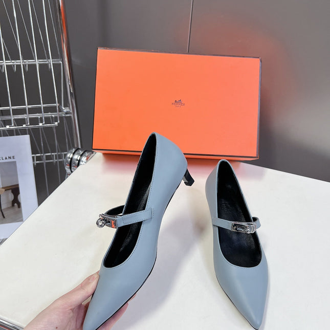 HM 26S MARY JANE POINTED TOE HEELS 40MM IN LIGHT BLUE CALFSKIN KELLY BUCKLE