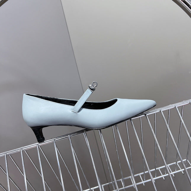 HM 26S MARY JANE POINTED TOE HEELS 40MM IN LIGHT BLUE CALFSKIN KELLY BUCKLE