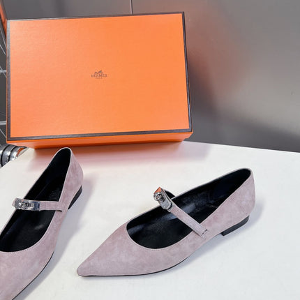 HM 26S KELLY BUCKLE MARY JANE POINTED FLATS IN TAUPE BROWN SUEDE