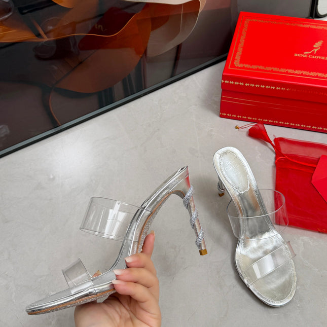 RENE CAOVILLA 26S HEELED SANDALS 95 MM IN SILVER LAMBSKIN AND TRANSPARENT PVC