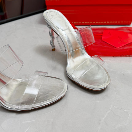 RENE CAOVILLA 26S HEELED SANDALS 95 MM IN SILVER LAMBSKIN AND TRANSPARENT PVC