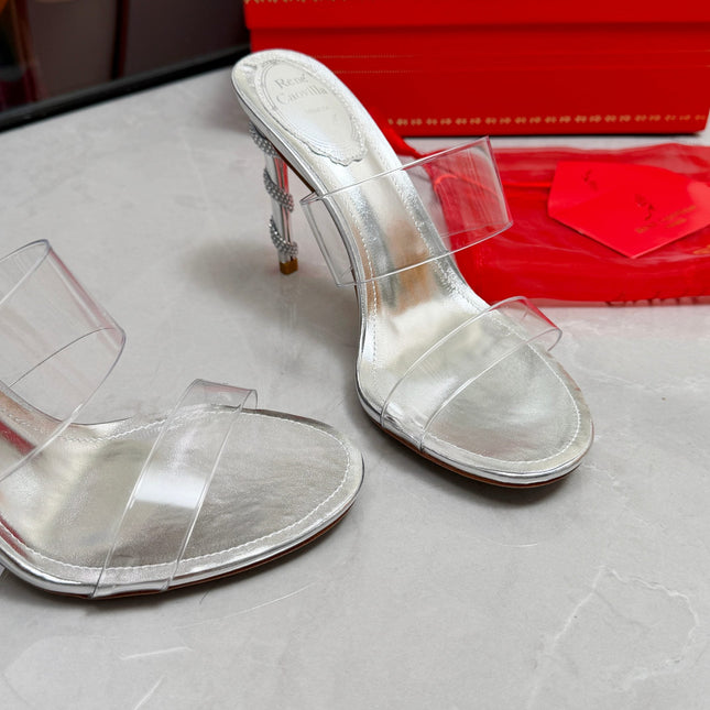 RENE CAOVILLA 26S HEELED SANDALS 95 MM IN SILVER LAMBSKIN AND TRANSPARENT PVC