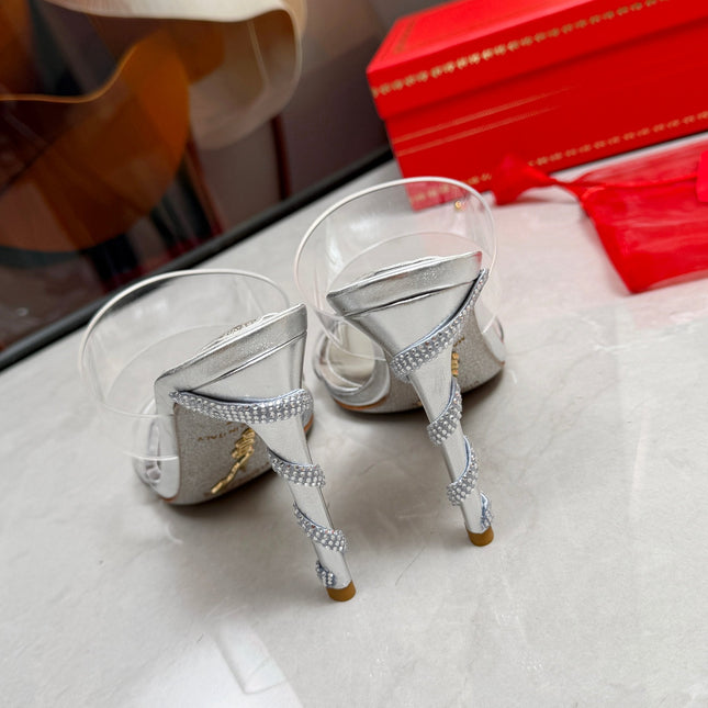 RENE CAOVILLA 26S HEELED SANDALS 95 MM IN SILVER LAMBSKIN AND TRANSPARENT PVC