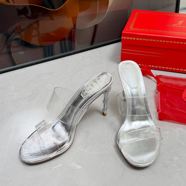 RENE CAOVILLA 26S HEELED SANDALS 95 MM IN SILVER LAMBSKIN AND TRANSPARENT PVC