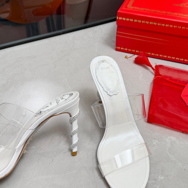 RENE CAOVILLA 26S HEELED SANDALS 95 MM IN WHITE LAMBSKIN AND TRANSPARENT PVC