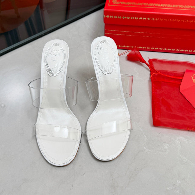 RENE CAOVILLA 26S HEELED SANDALS 95 MM IN WHITE LAMBSKIN AND TRANSPARENT PVC