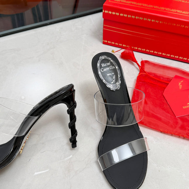 RENE CAOVILLA 26S HEELED SANDALS 95 MM IN BLACK LAMBSKIN AND TRANSPARENT PVC