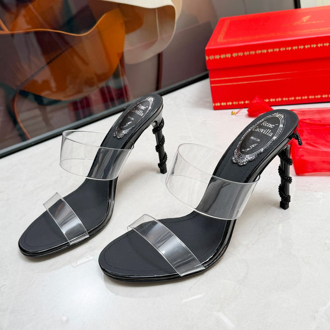 RENE CAOVILLA 26S HEELED SANDALS 95 MM IN BLACK LAMBSKIN AND TRANSPARENT PVC
