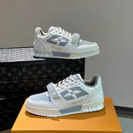 LV TRAINER SNEAKERS IN WHITE CALFSKIN AND LIGHT BLUE SUEDE