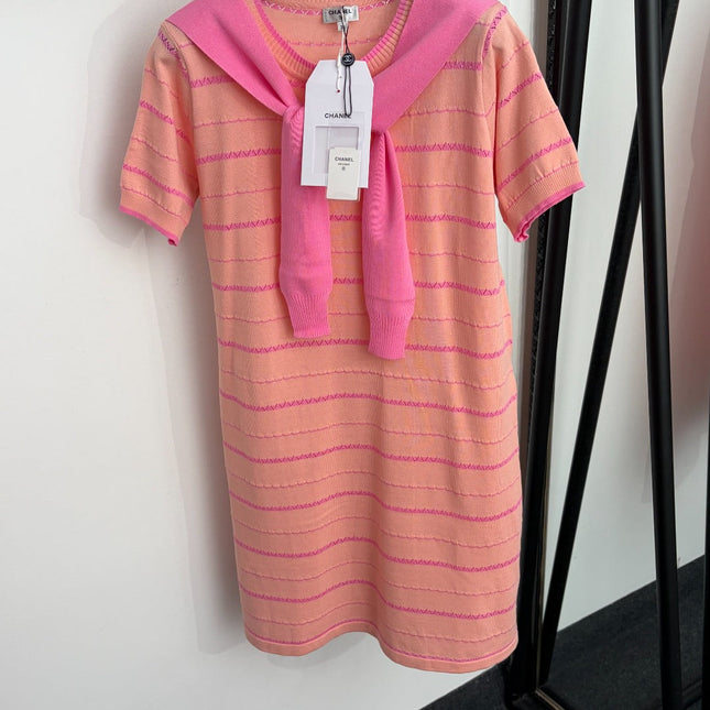 CHANEL 26S STRIPED KNIT SHORT-SLEEVE DRESS 1371