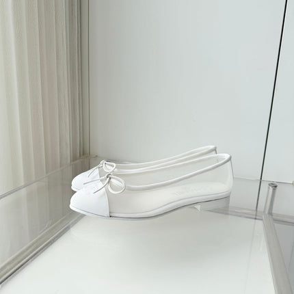 CHANEL 26S BALLET FLATS IN WHITE MESH TOE CAP AND BOW