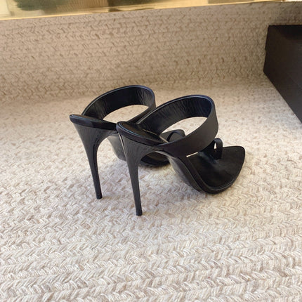 MARTHA POINTED OPEN-TOE HIGH MULES IN BLACK SILK