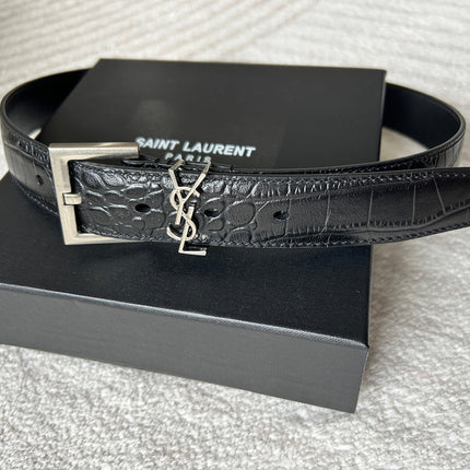 YSL 25S BELT 30 MM IN BLACK CROCODILE-EMBOSSED LEATHER 543666