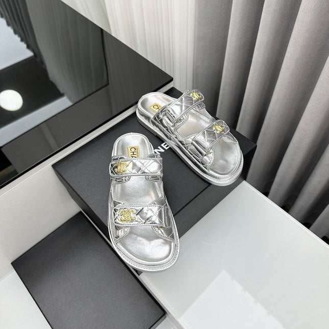 dad sandals silver metalic lambskin mules