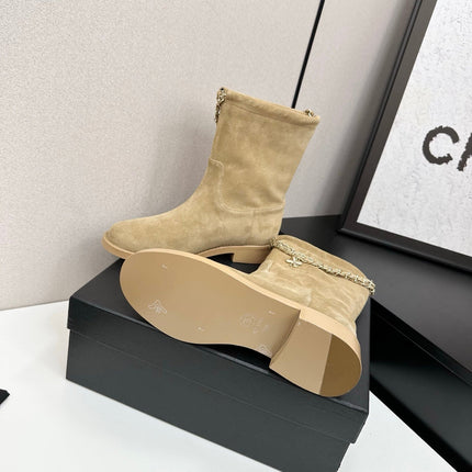 CHANEL 25S SHORT BOOTS IN LIGHT GOLD SUEDE SILVER HARDWARE