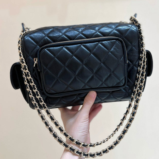 CHANEL CAMERA BAG 24 IN CONGO BLACK SHINY CALFSKIN GOLD CHAIN