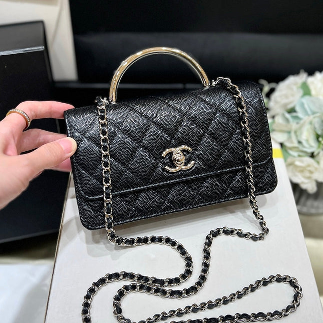 FLAP BAG WITH SILVER-TONE HANDLE 18 IN BLACK LAMBSKIN
