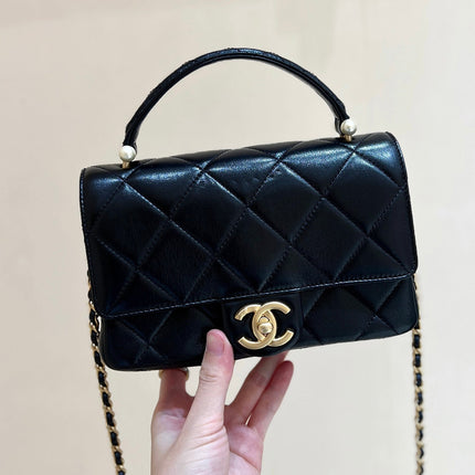 CC MINI TOP HANDLE FLAP BAG 20 IN BLACK CALFSKIN