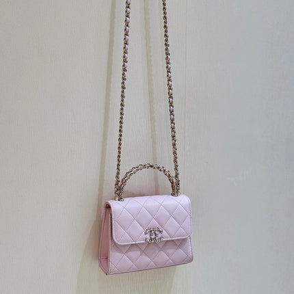 QUILTED MINI FLAP BAG WITH HANDLE 14 IN BABY PINK LAMBSKIN GOLD PLATED METAL