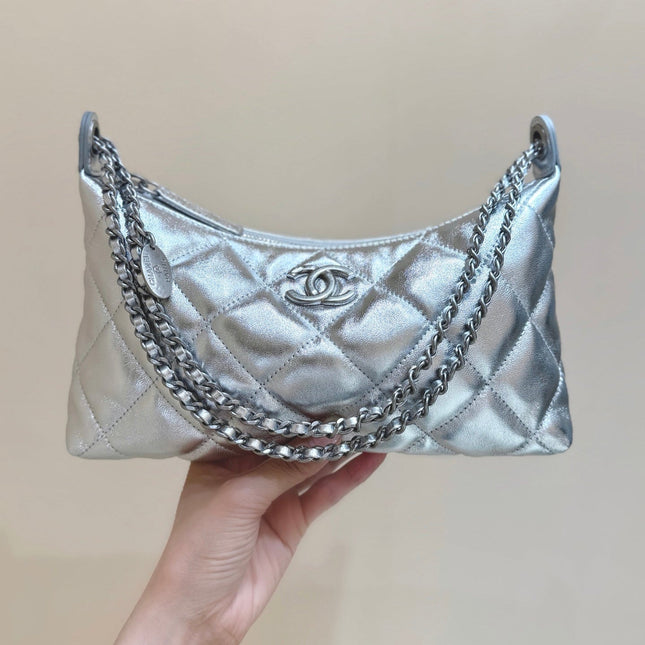 CHANEL 25S HOBO BAG KABELKA 26 IN SILVER CALFSKIN
