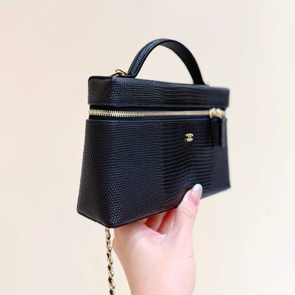 CHANEL 26S MINI BOX BAG 14 IN BLACK CALFSKIN LIZARD EMBOSSED