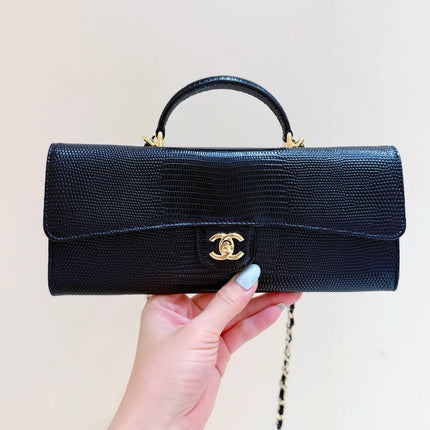 CHANEL 26S MINI TOP HANDLE BAG 9 IN BLACK CALFSKIN LIZARD EMBOSSED