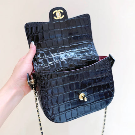 CHANEL 26S MINI BOX BAG 15 IN BLACK CALFSKIN CROCODILE EMBOSSED