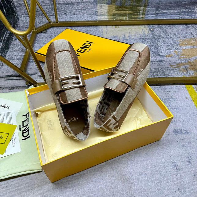 FENDI BAGUETTE LOAFERS IN BEIGE MIX BROWN CANVAS GOLD HARDWARE