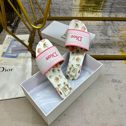 DIOR 26S DWAY SLIDE FLOWER EDITION IN PINK MIX WHITE FABRIC