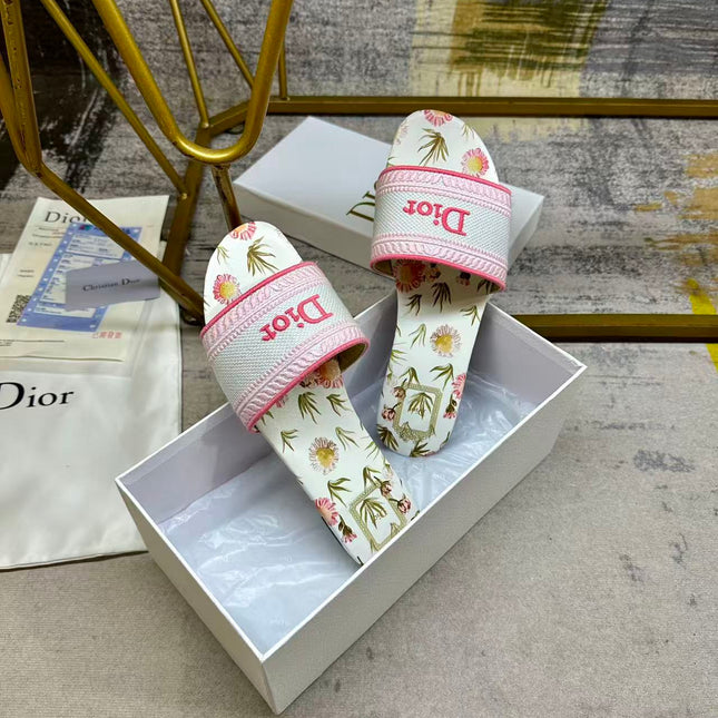DIOR 26S DWAY SLIDE FLOWER EDITION IN PINK MIX WHITE FABRIC