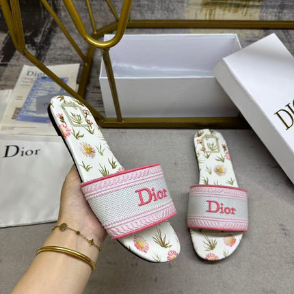 DIOR 26S DWAY SLIDE FLOWER EDITION IN PINK MIX WHITE FABRIC