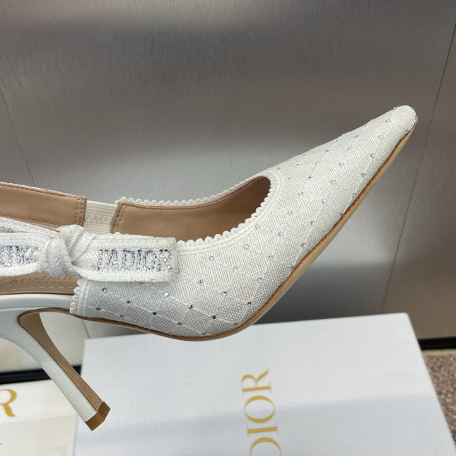 J'ADIOR SLINGBACK 25S PUMP 95MM IN WHITE FABRIC EMBOSSED CRYSTAL