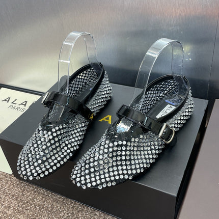ALAIA MARY JANE FLAT 25S IN BLACK LAMBSKIN EMBELLISHED WITH CRYSTALS